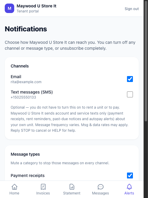 The Stowlane tenant portal Notifications screen. A checkbox labeled 'Text messages (SMS)' sits unchecked beside the tenant's mobile number. Directly beneath it the disclosure reads: Optional — you do not have to turn this on to rent a unit or to pay. Demo Self Storage sends account and service texts only (payment receipts, rent reminders, past-due notices and autopay alerts) about your own unit. Message frequency varies. Msg and data rates may apply. Reply STOP to cancel or HELP for help.