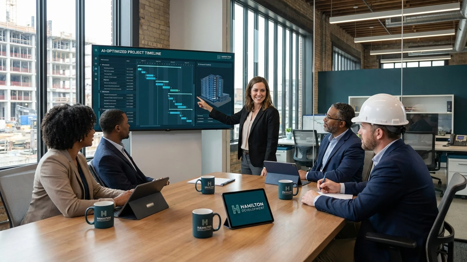 Team meeting at Hamilton Development Company discussing AI-optimized project timeline with visual data on screen, showcasing collaboration in software development.
