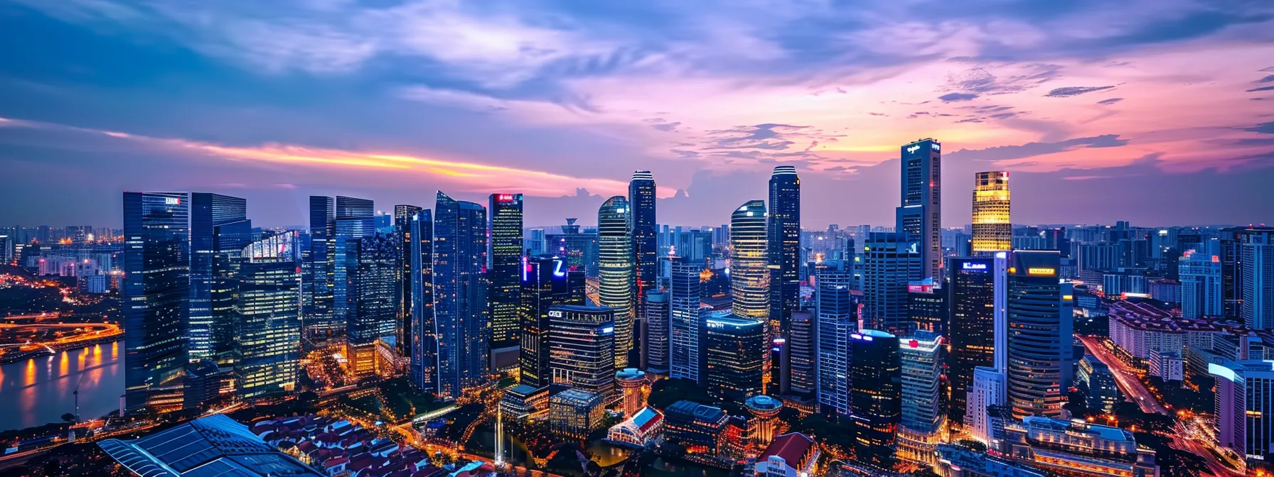 a bustling city skyline at dusk, illuminated by vibrant neon lights reflecting off sleek glass buildings, symbolizing the dynamic energy of urban innovation and commerce.