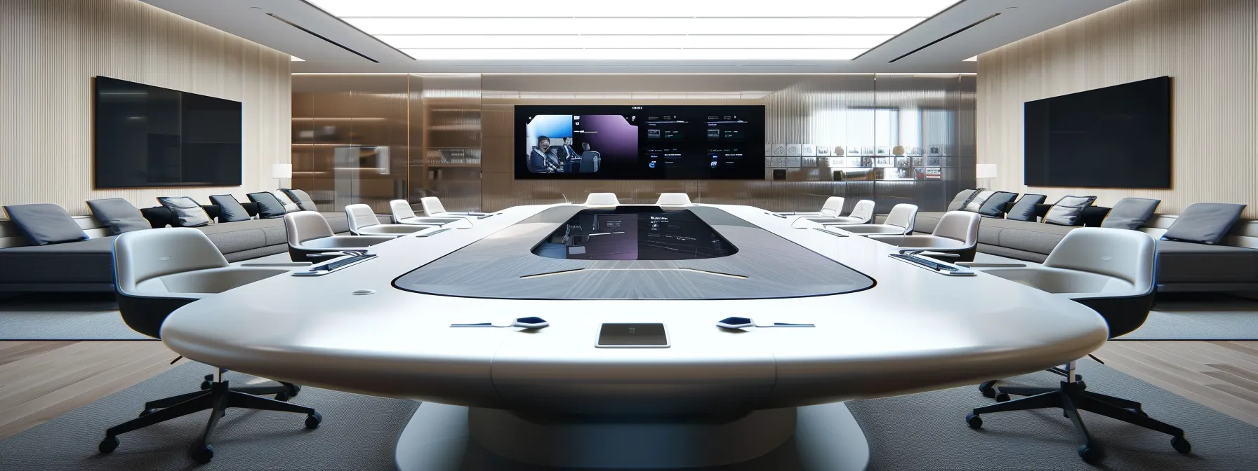 a dynamic, modern office space features a sleek conference table surrounded by innovative technology, emphasizing a collaborative atmosphere fueled by creativity and productivity.