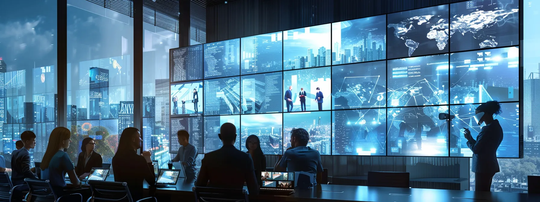 a dynamic urban office scene showcasing a diverse team engaged in an animated brainstorming session, surrounded by vibrant digital screens displaying innovative ideas and strategies.