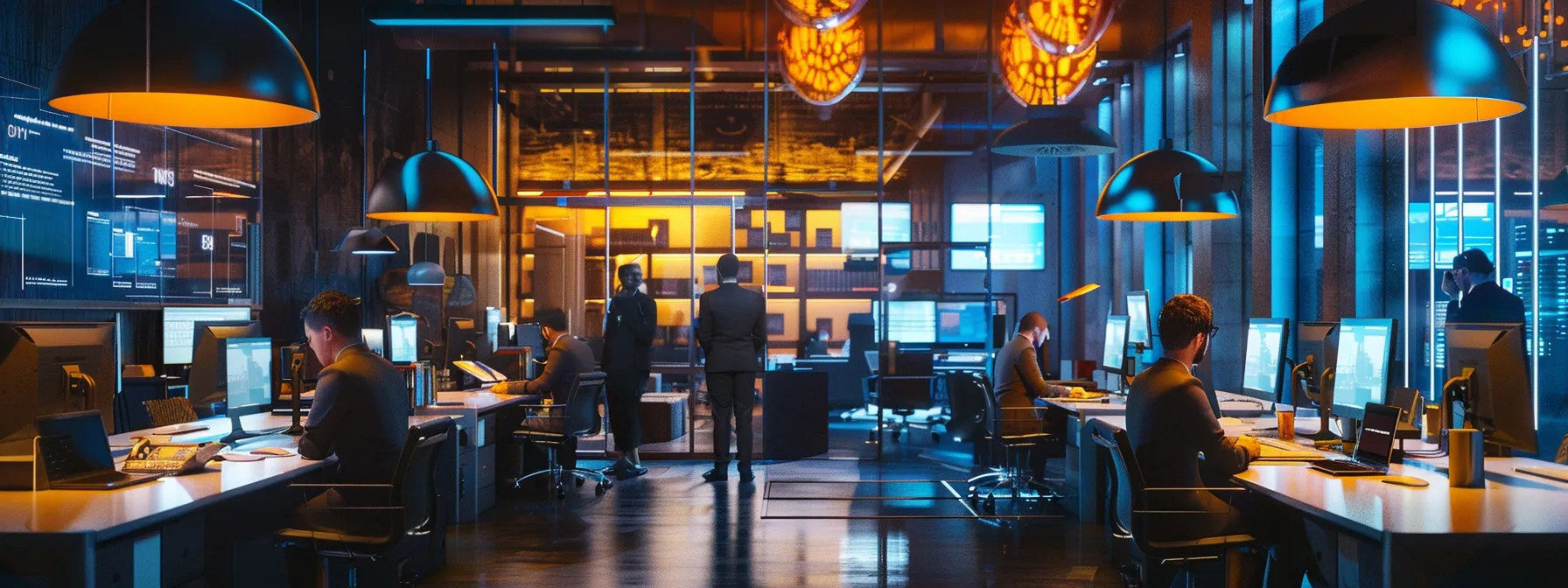 a modern office bustling with diverse professionals engaged in dynamic discussions around sleek, high-tech workstations, illuminated by vibrant overhead lights that create an atmosphere of innovation and collaboration.