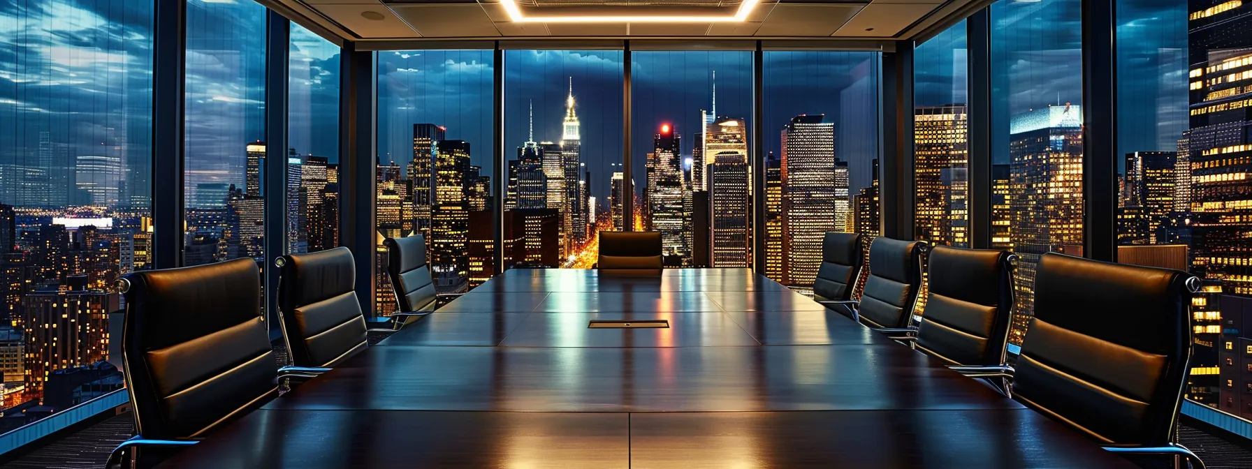 a sleek corporate executive boardroom, illuminated by ambient overhead lights, features a large polished table surrounded by modern ergonomic chairs, with a striking city skyline visible through floor-to-ceiling windows, emphasizing a dynamic atmosphere of professionalism and innovation.