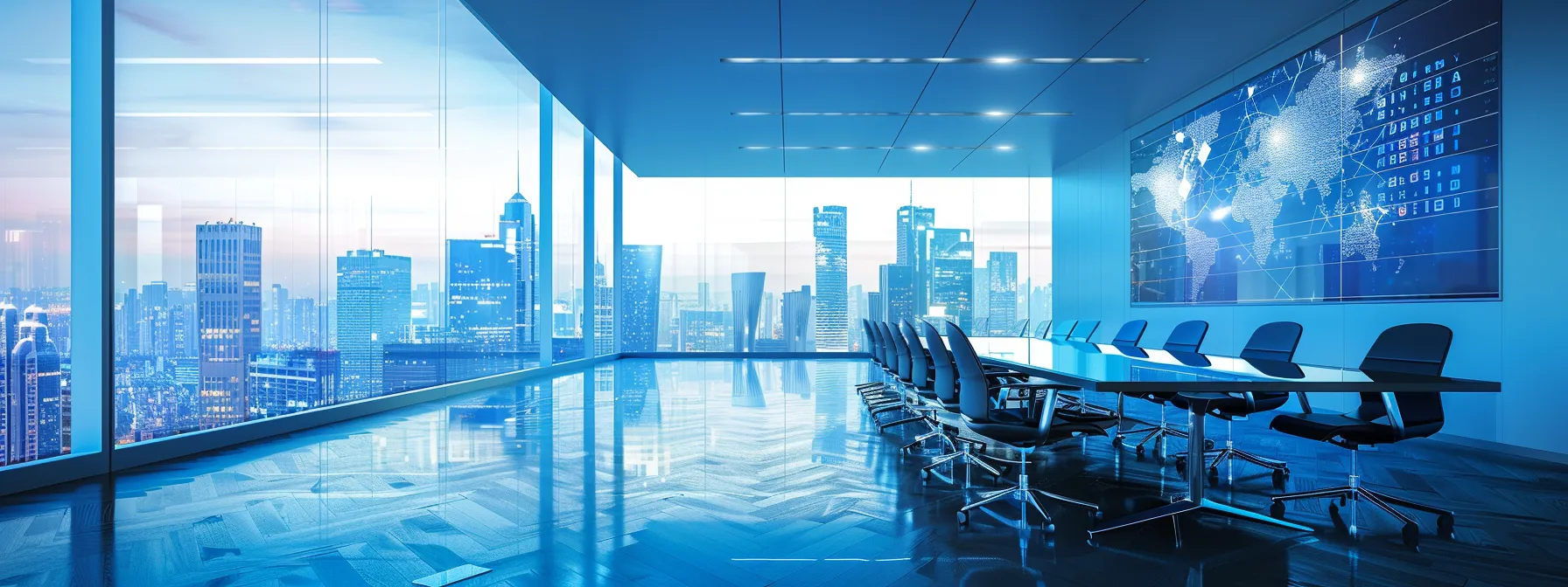 a sleek, modern conference room features a panoramic view of the city skyline, with a high-tech projector displaying vibrant data graphs on the wall, emphasizing a dynamic business meeting atmosphere.