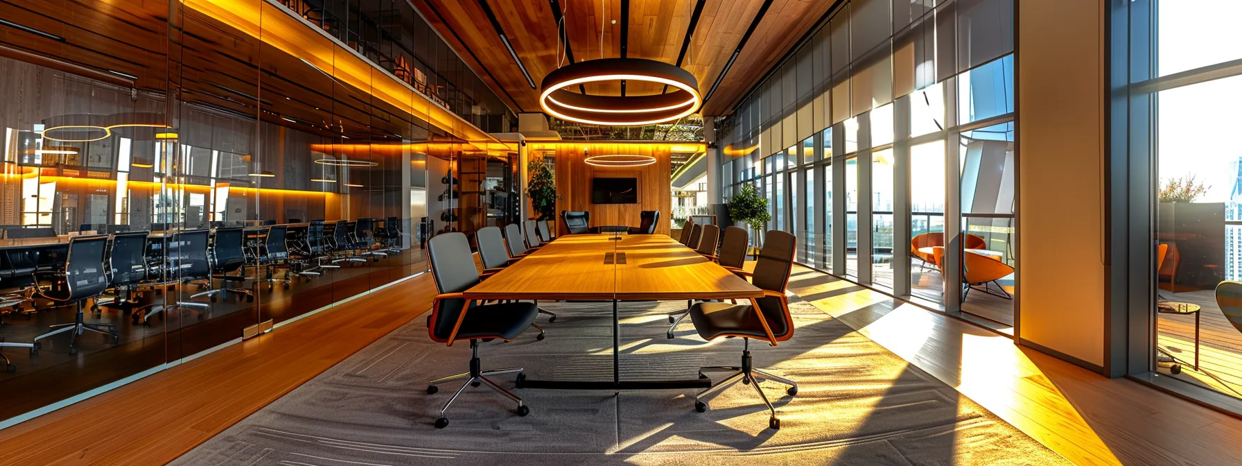a sleek, modern office bathed in warm light showcases a polished conference table surrounded by stylish ergonomic chairs, emphasizing a collaborative and innovative business environment.