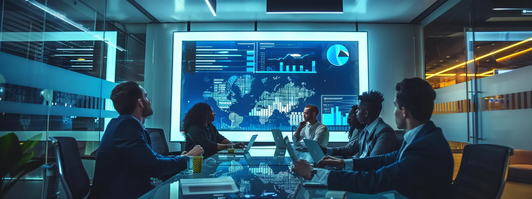 a sleek, modern office conference room is illuminated by bright, ambient lighting, featuring a large screen displaying dynamic data visuals as diverse professionals engage in a collaborative brainstorming session.