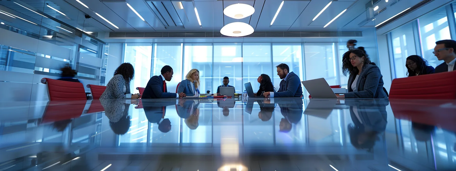 a sleek, modern office environment buzzes with energy as diverse professionals engage in a collaborative brainstorming session around a large, glossy conference table, illuminated by bright, focused overhead lighting.