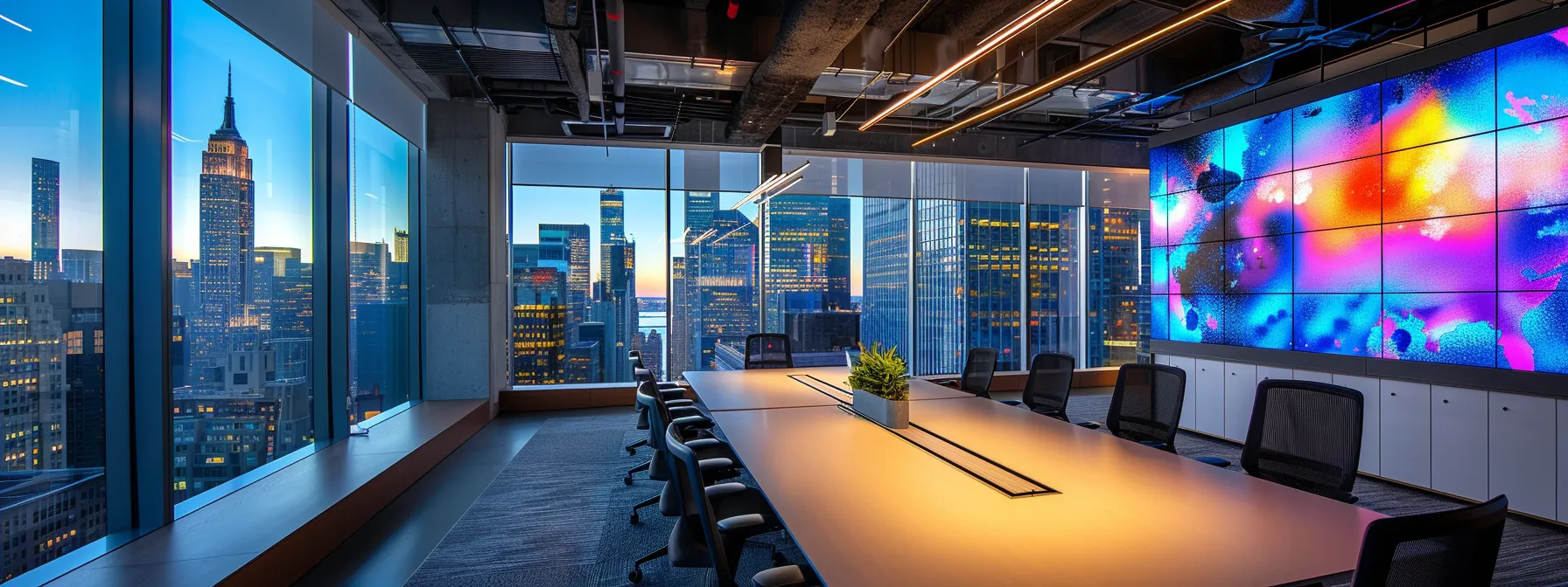 a sleek, modern office environment showcases a dynamic team brainstorming around a large, illuminated conference table, with vibrant digital screens displaying innovative ideas in a bustling urban skyscraper backdrop.
