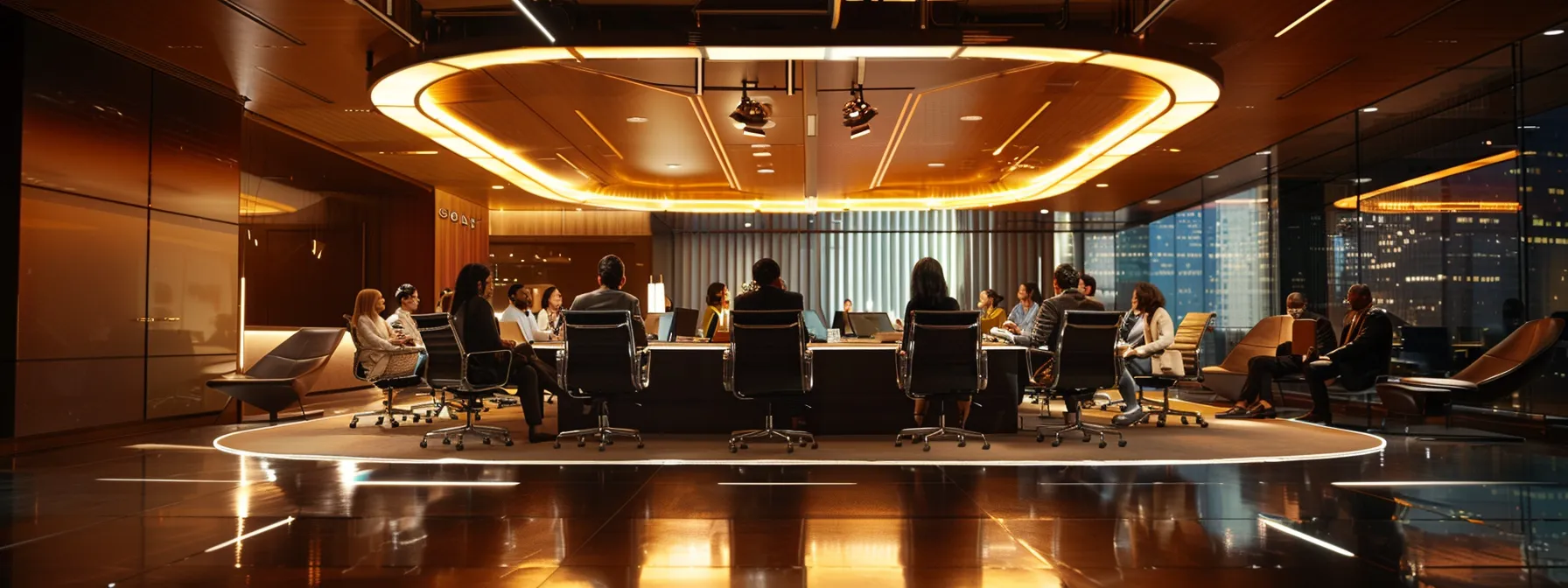 a sleek, modern office environment showcases a diverse group of professionals engaged in dynamic collaboration around a large, high-tech conference table, illuminated by bold overhead lighting that emphasizes their focused expressions and vibrant discussions.