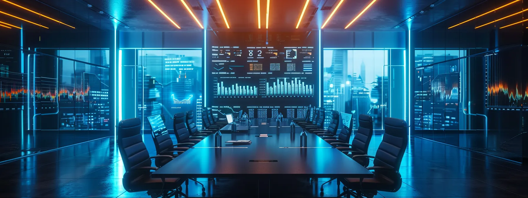 a sleek, modern office environment features a large rectangular conference table surrounded by ergonomic chairs, illuminated by bold, overhead led lighting that reflects off glossy, high-tech screens displaying dynamic business graphs and data analytics.