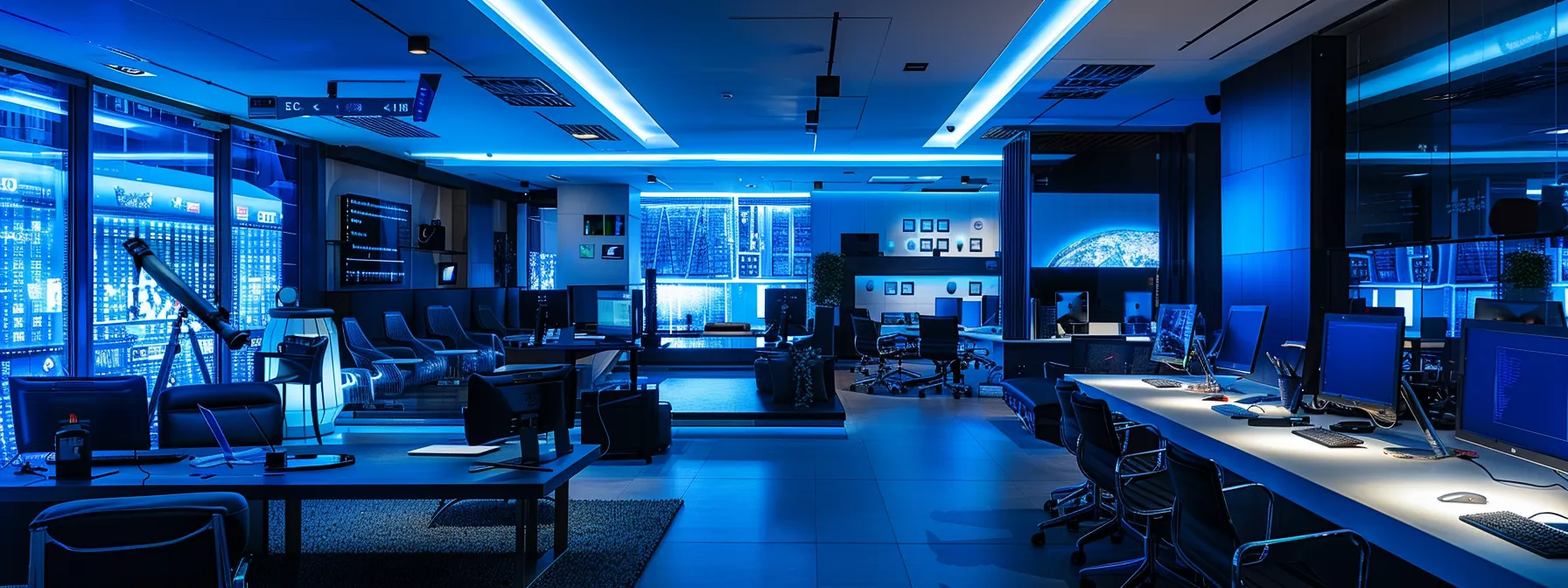 a sleek, modern office filled with high-tech gadgets and sophisticated furniture, bathed in soft, ambient lighting, showcases a dynamic meeting where diverse professionals engage in animated discussion around a central digital display.