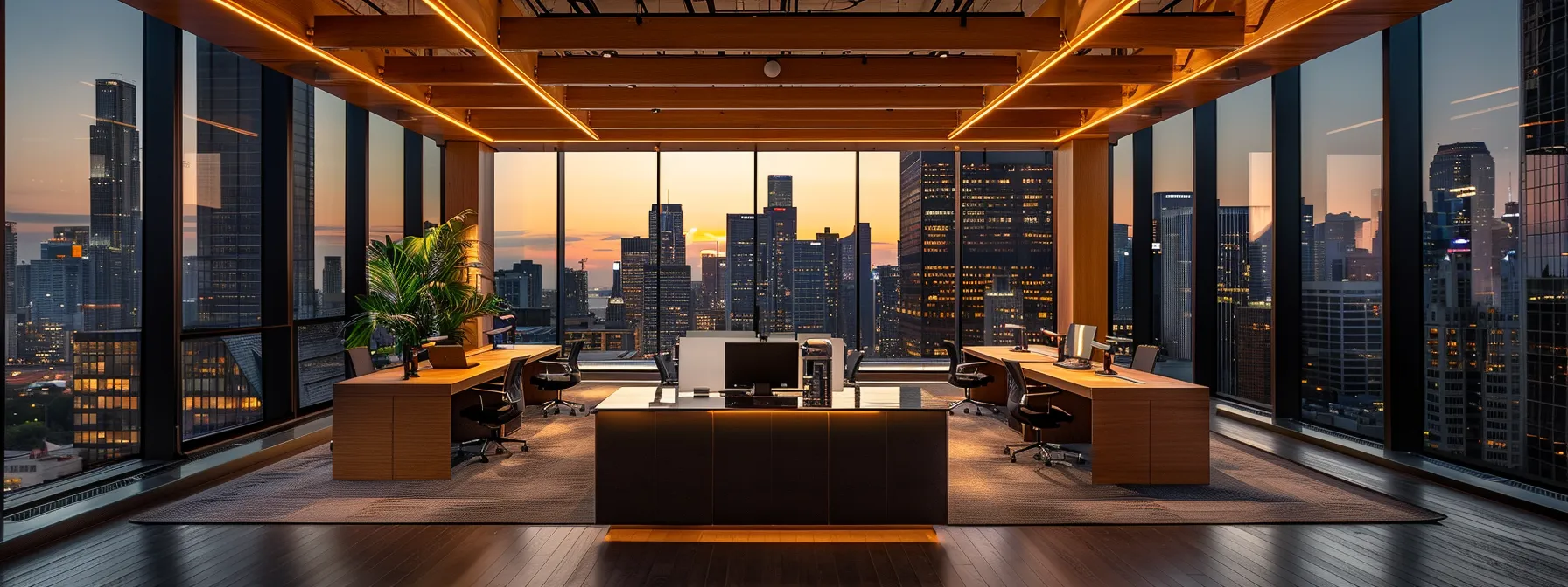 a sleek, modern office space with polished wood furniture and large windows showcasing a skyline, illuminated by the warm glow of desk lamps, emphasizes collaboration and innovation in a dynamic business environment.