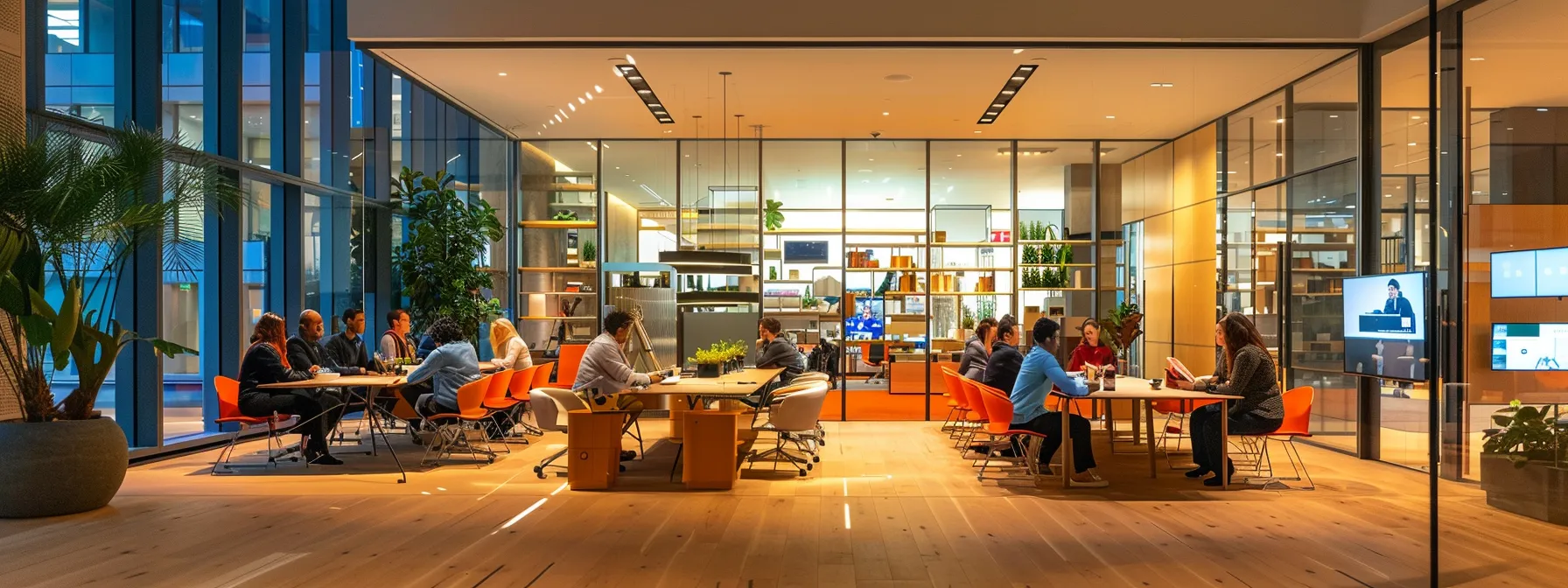 a sleek, modern office space with large glass walls showcases a diverse group of professionals engaged in a dynamic brainstorming session around a minimalist conference table, illuminated by bright, ambient lighting.