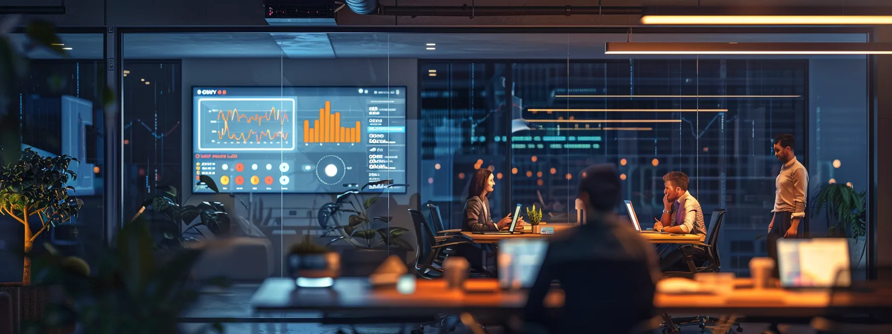 a sleek, modern office space features a vibrant digital dashboard displaying analytics, illuminated by focused overhead lighting that highlights the dynamic energy of a collaborative team brainstorming in the background.