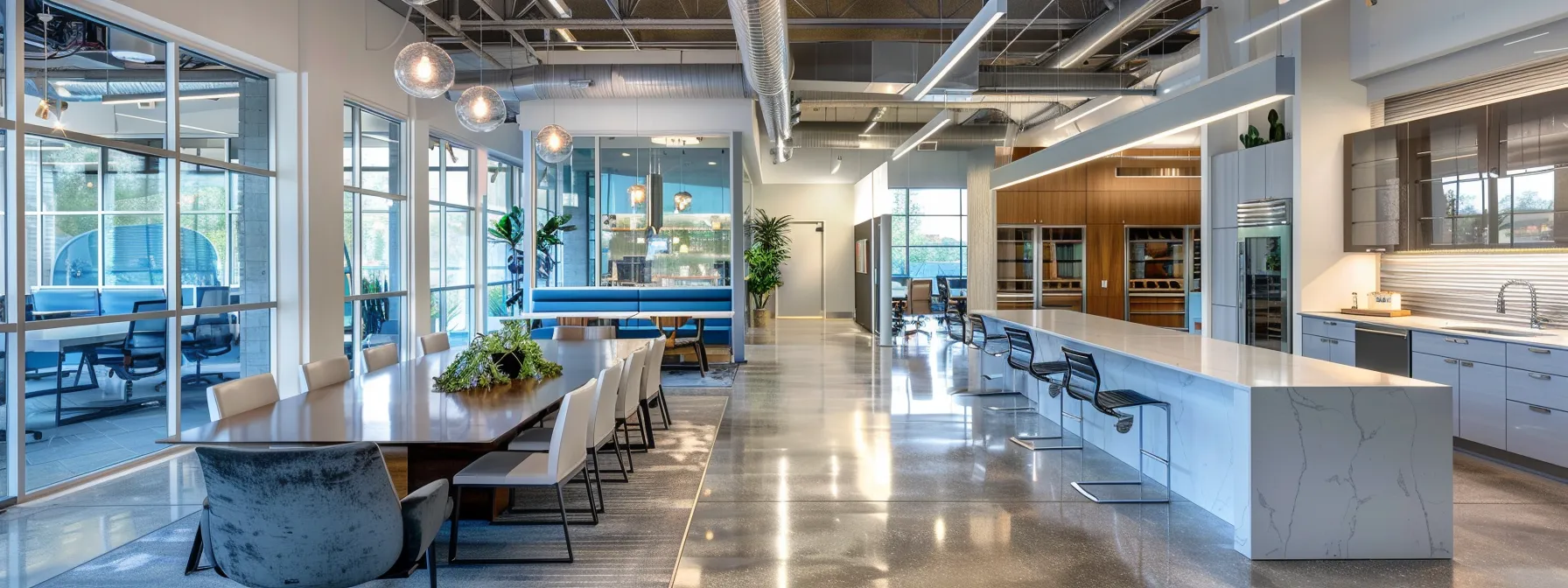 a sleek, modern office space bathed in soft overhead lighting showcases a polished conference table surrounded by elegant chairs, emphasizing a sense of collaboration and professionalism.