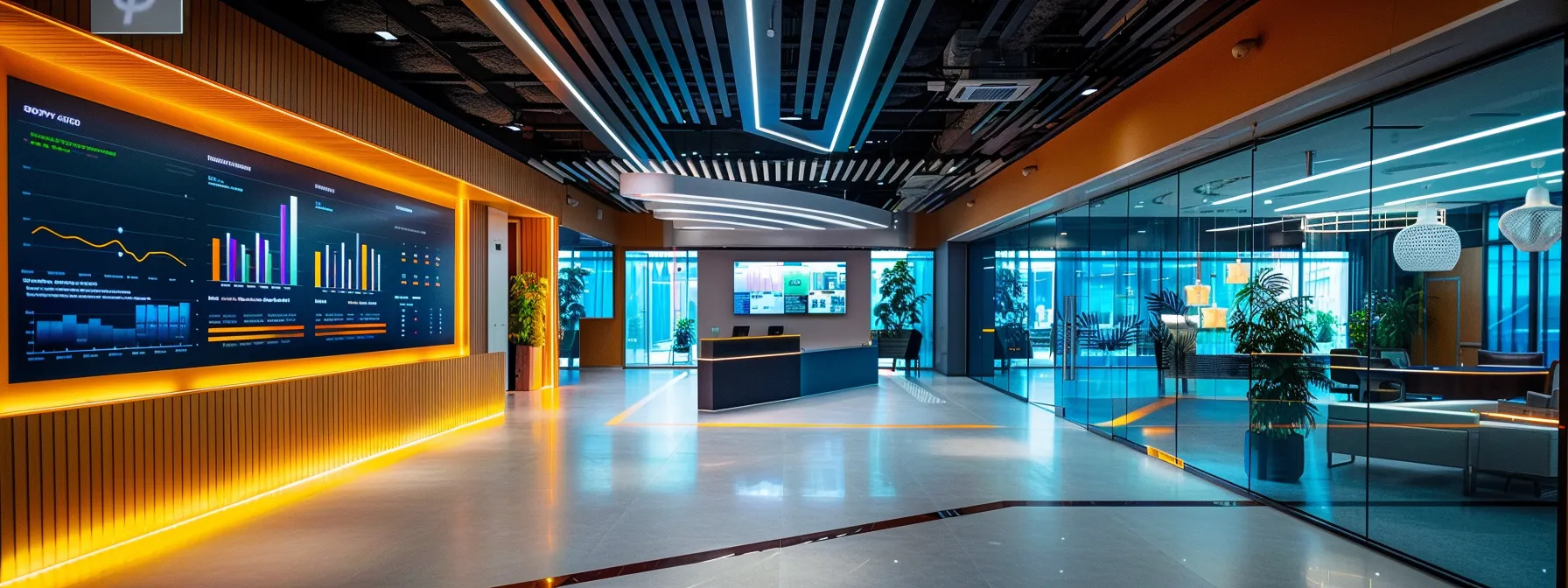 a sleek, modern office space is illuminated by dynamic overhead lights, showcasing an advanced digital dashboard displaying vibrant data visualizations, epitomizing a high-tech business environment focused on innovation and productivity.