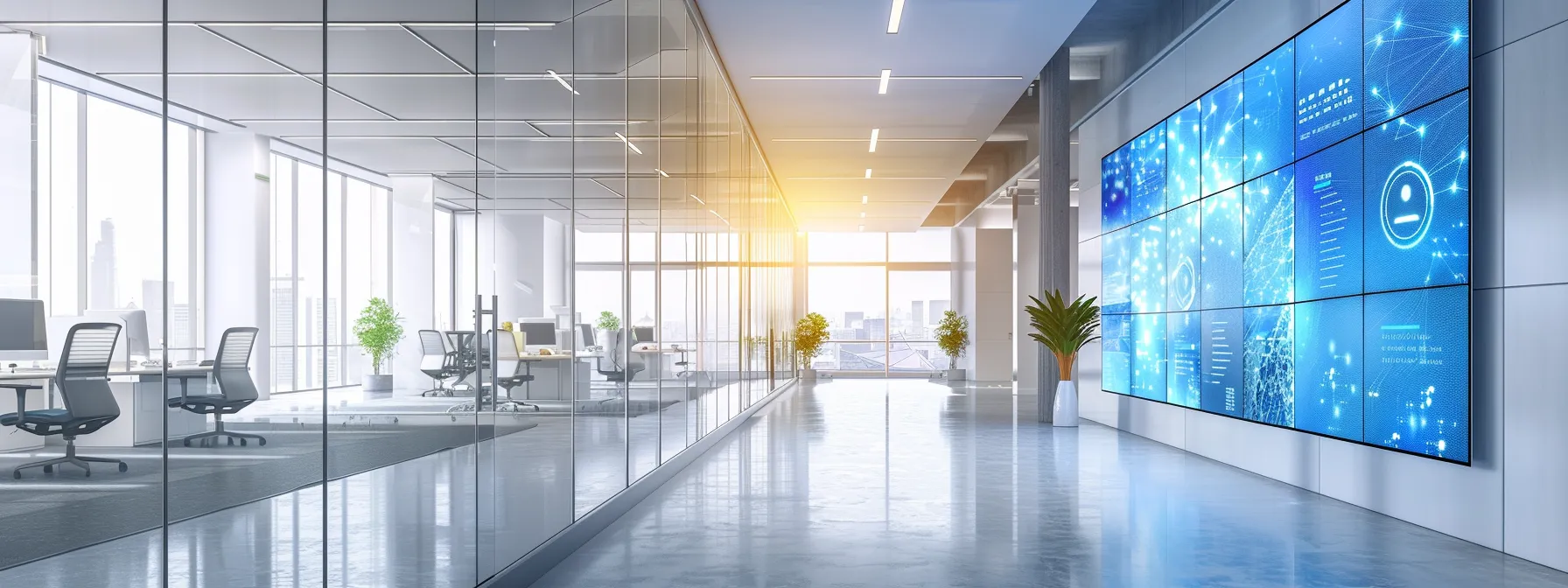 a sleek, modern office space filled with dynamic holographic displays and vibrant digital interfaces, illustrating the cutting-edge world of technology and innovation.
