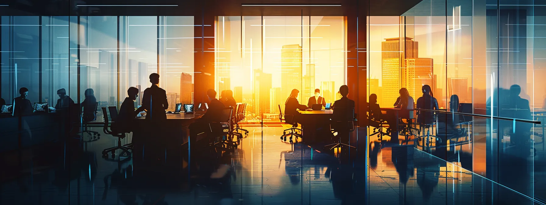 a sleek, modern office space buzzes with activity, featuring innovative technology and dynamic teamwork among diverse professionals engaged in collaboration around a high-tech conference table bathed in warm artificial lighting.