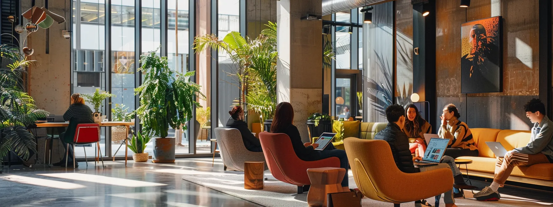 a vibrant urban co-working space filled with sleek, modern furniture and diverse professionals collaborating enthusiastically over digital devices, bathed in warm, ambient lighting that highlights their focused expressions and dynamic interactions.