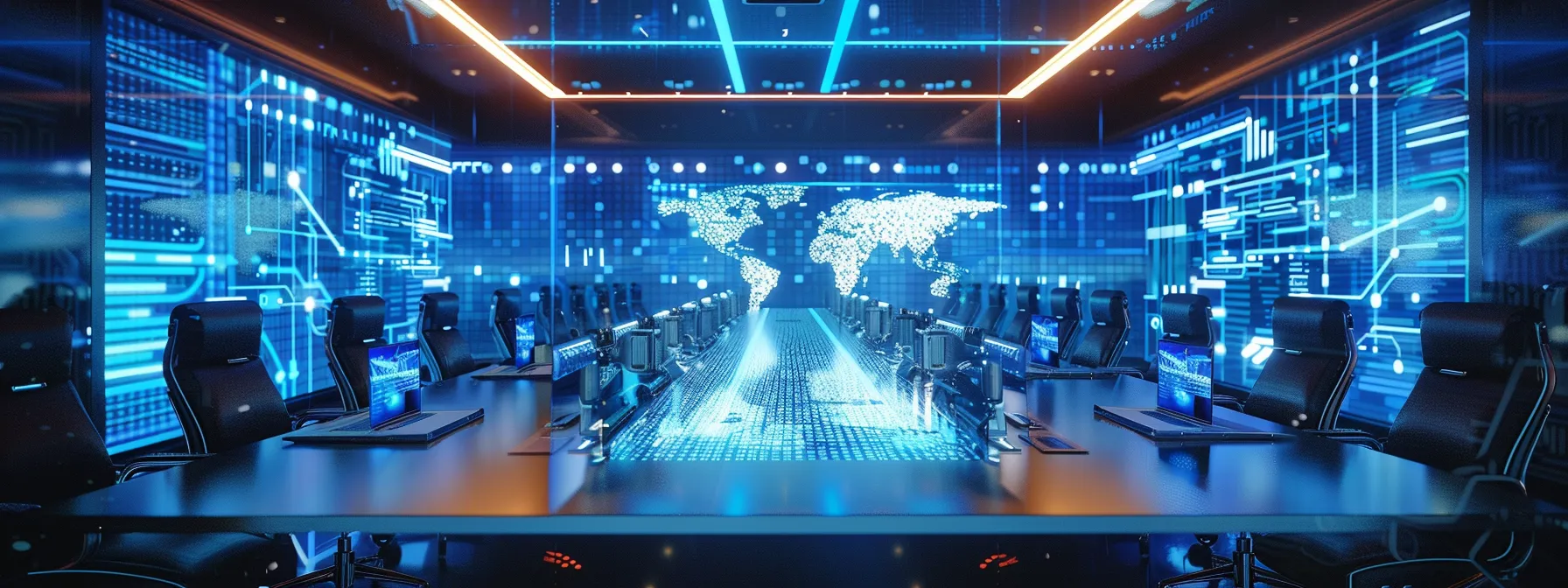 an opulent boardroom featuring a sleek, polished conference table, surrounded by modern ergonomic chairs, with dramatic backlighting illuminating a large digital screen displaying vibrant data analytics in an upscale corporate setting.