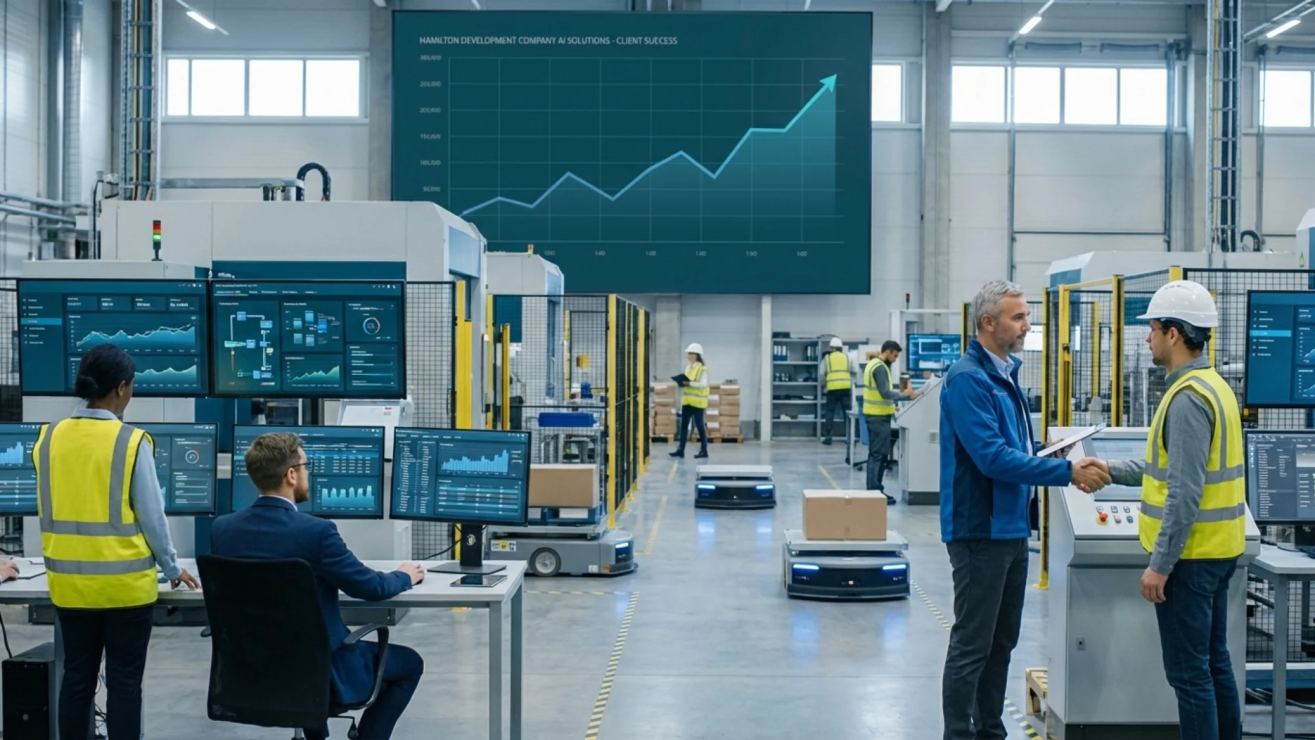 Modern enterprise software development environment with AI, featuring professionals collaborating, digital displays showing data analytics, and automated robots in a manufacturing setting.