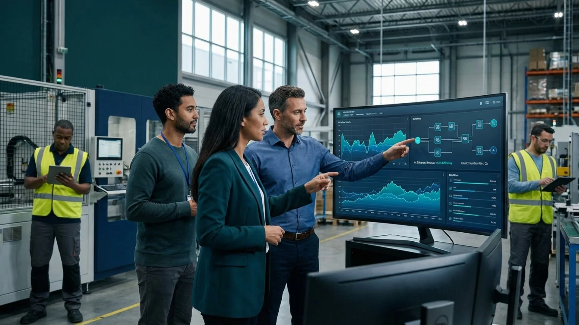 Team discussing AI-driven software development metrics on a large monitor in a modern industrial setting, showcasing collaboration and technology integration.